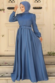  Satin İndigo Blue Islamic Evening Gown 28890IM - 2