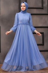 İndigo Blue Hijab Evening Dress 29210IM - 1