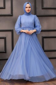 İndigo Blue Hijab Evening Dress 29210IM - 2