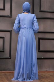İndigo Blue Hijab Evening Dress 29210IM - 3