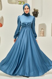  Satin İndigo Blue Modest Islamic Clothing Wedding Dress 3064IM - 1