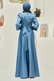  Satin İndigo Blue Modest Islamic Clothing Wedding Dress 3064IM - 2