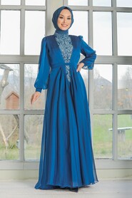  Luxury İndigo Blue Modest Evening Dress 3315IM - 2