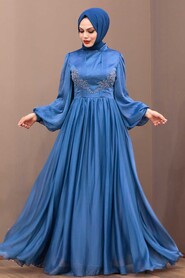 İndigo Blue Hijab Evening Dress 33190IM - 1