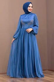İndigo Blue Hijab Evening Dress 33190IM - 2