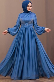 İndigo Blue Hijab Evening Dress 33190IM - 3