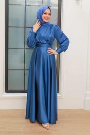  Satin İndigo Blue Islamic Engagement Gown 3367IM - 1