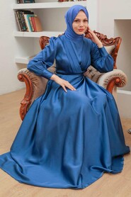  Satin İndigo Blue Islamic Engagement Gown 3367IM - 3