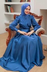  Satin İndigo Blue Islamic Engagement Gown 3367IM - 4