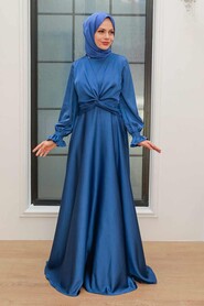  Stylish İndigo Blue Islamic Clothing Engagement Dress 3389IM - 1