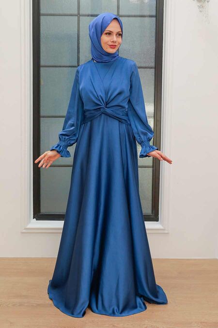  Stylish İndigo Blue Islamic Clothing Engagement Dress 3389IM - NEVA STYLE
