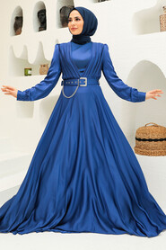  Long Sleeve İndigo Blue Islamic Long Sleeve Maxi Dress 3454IM - 1