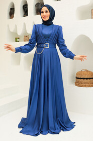  Long Sleeve İndigo Blue Islamic Long Sleeve Maxi Dress 3454IM - 2