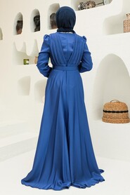  Long Sleeve İndigo Blue Islamic Long Sleeve Maxi Dress 3454IM - 3