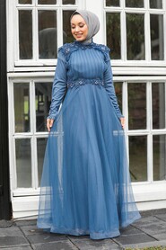 İndigo Blue Hijab Evening Dress 3485IM - 2