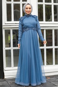 İndigo Blue Hijab Evening Dress 3485IM - 1