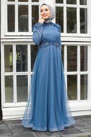 İndigo Blue Hijab Evening Dress 3485IM - 3