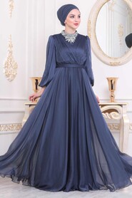 İndigo Blue Hijab Evening Dress 40550IM - 1