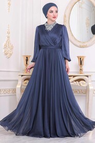 İndigo Blue Hijab Evening Dress 40550IM - 2