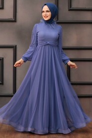  Stylish İndigo Blue Islamic Engagement Dress 4305IM - 1