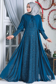 İndigo Blue Hijab Evening Dress 50090IM - 3