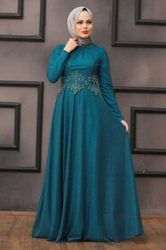  Plus Size İndigo Blue Islamic Evening Gown 50162IM - 1