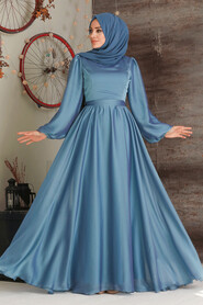  Elegant İndigo Blue Islamic Clothing Evening Gown 5215IM - 1
