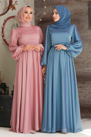  Elegant İndigo Blue Islamic Clothing Evening Gown 5215IM - 2