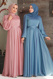  Elegant İndigo Blue Islamic Clothing Evening Gown 5215IM - 7