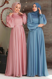  Elegant İndigo Blue Islamic Clothing Evening Gown 5215IM - 4