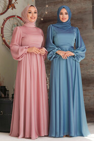  Elegant İndigo Blue Islamic Clothing Evening Gown 5215IM - 5