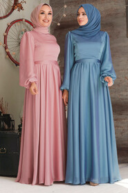  Elegant İndigo Blue Islamic Clothing Evening Gown 5215IM - 3