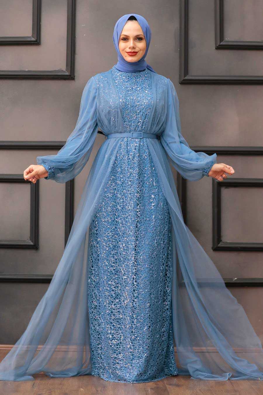 Neva Style - Luxorious İndigo Blue Islamic Evening Gown 5383IM