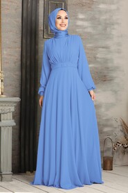  Plus Size İndigo Blue Islamic Clothing Evening Dress 5422IM 