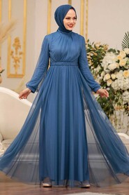  Modern İndigo Blue Islamic Clothing Evening Gown 5514IM - 1