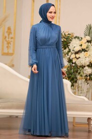  Modern İndigo Blue Islamic Clothing Evening Gown 5514IM - 2