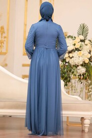  Modern İndigo Blue Islamic Clothing Evening Gown 5514IM - 3