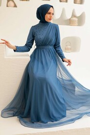  Plus Size İndigo Blue Muslim Dress 56641IM - 1