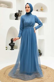  Plus Size İndigo Blue Muslim Dress 56641IM - 2