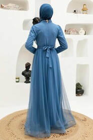  Plus Size İndigo Blue Muslim Dress 56641IM - 3
