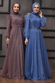 İndigo Blue Hijab Evening Dress 75850IM - 2