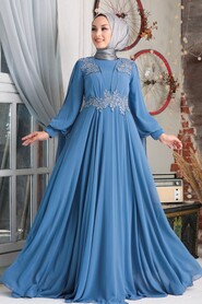 Elegant İndigo Blue Muslim Long Sleeve Dress 9130IM - 1