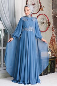 Elegant İndigo Blue Muslim Long Sleeve Dress 9130IM - 2