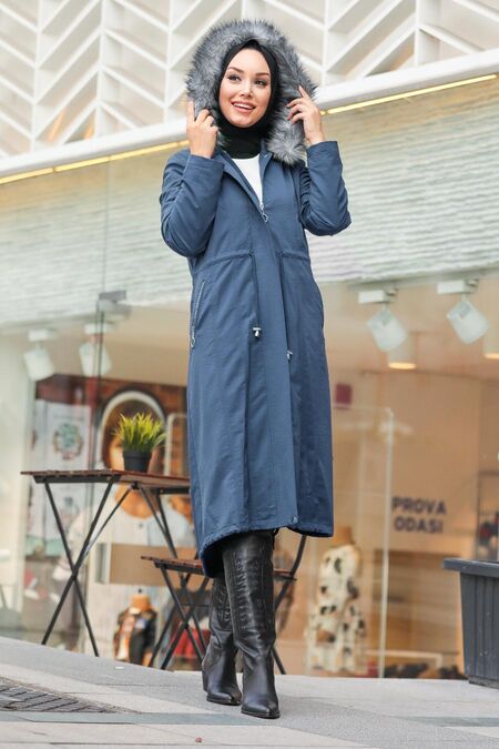 İndigo Blue Hijab Parka Coat 90680IM - NEVA STYLE