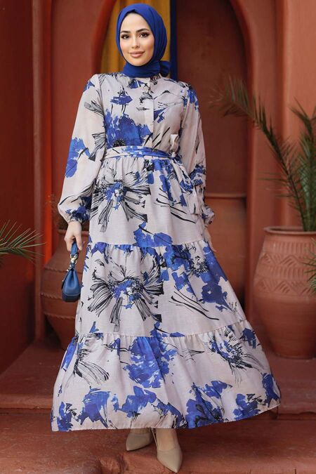 İndigo Blue Modest Floral Dress 60831IM - NEVA STYLE