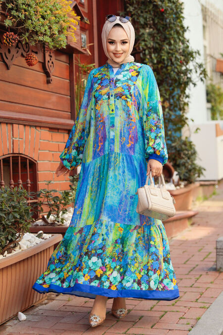 İndigo Blue Modest Floral Long Dress 18235IM - NEVA STYLE