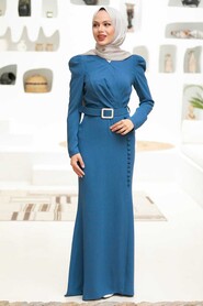  Modern İndigo Blue Hijab Prom Dress 3231IM - 1