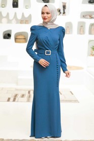 Modern İndigo Blue Hijab Prom Dress 3231IM - 2