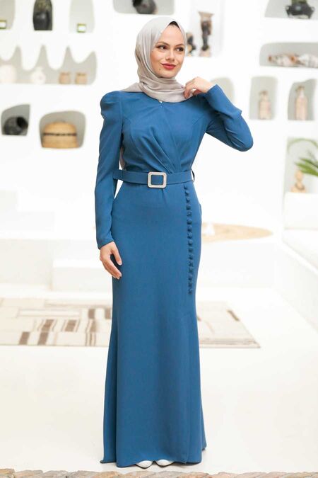 Modern ndigo Blue Hijab Prom Dress 3231IM