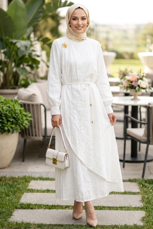 Tie Belt White Modest Dress 20162B - 